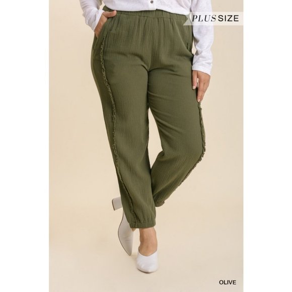 Umgee Pants - NWT Umgee Frayed Edge Waistband Jogger Pants wit Pocket Stitch Sizes XL-2X Olive